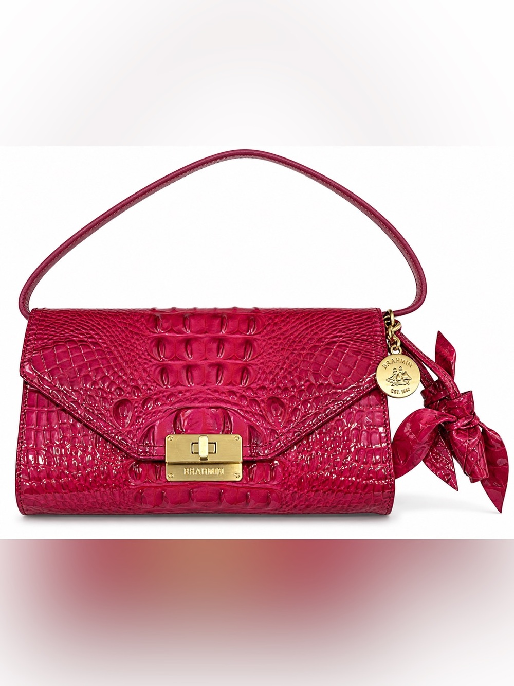 Brahmin Fuchsia Pink Croc Embossed Patent Leather Shoulder Bag Bow Charm